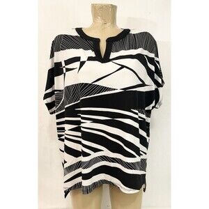 Chico Shirt Size 1 54” Short Sleeve Black White V Neck Stretch Blouse Top